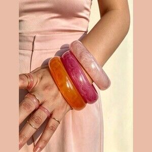 Pink & Orange Marbled Resin Bangle Set - 3pc Chunky Bracelets